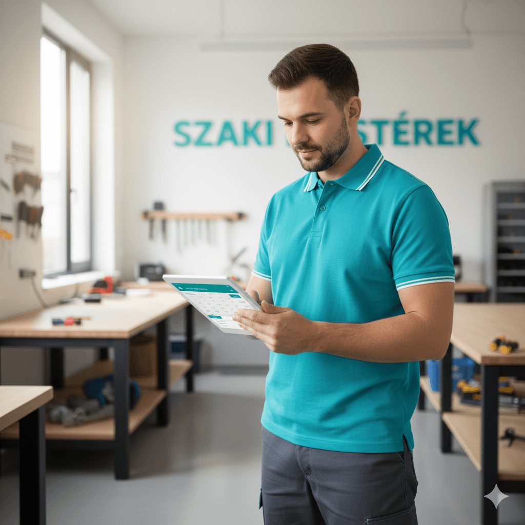 Szakember tablet előtt, műhelyben